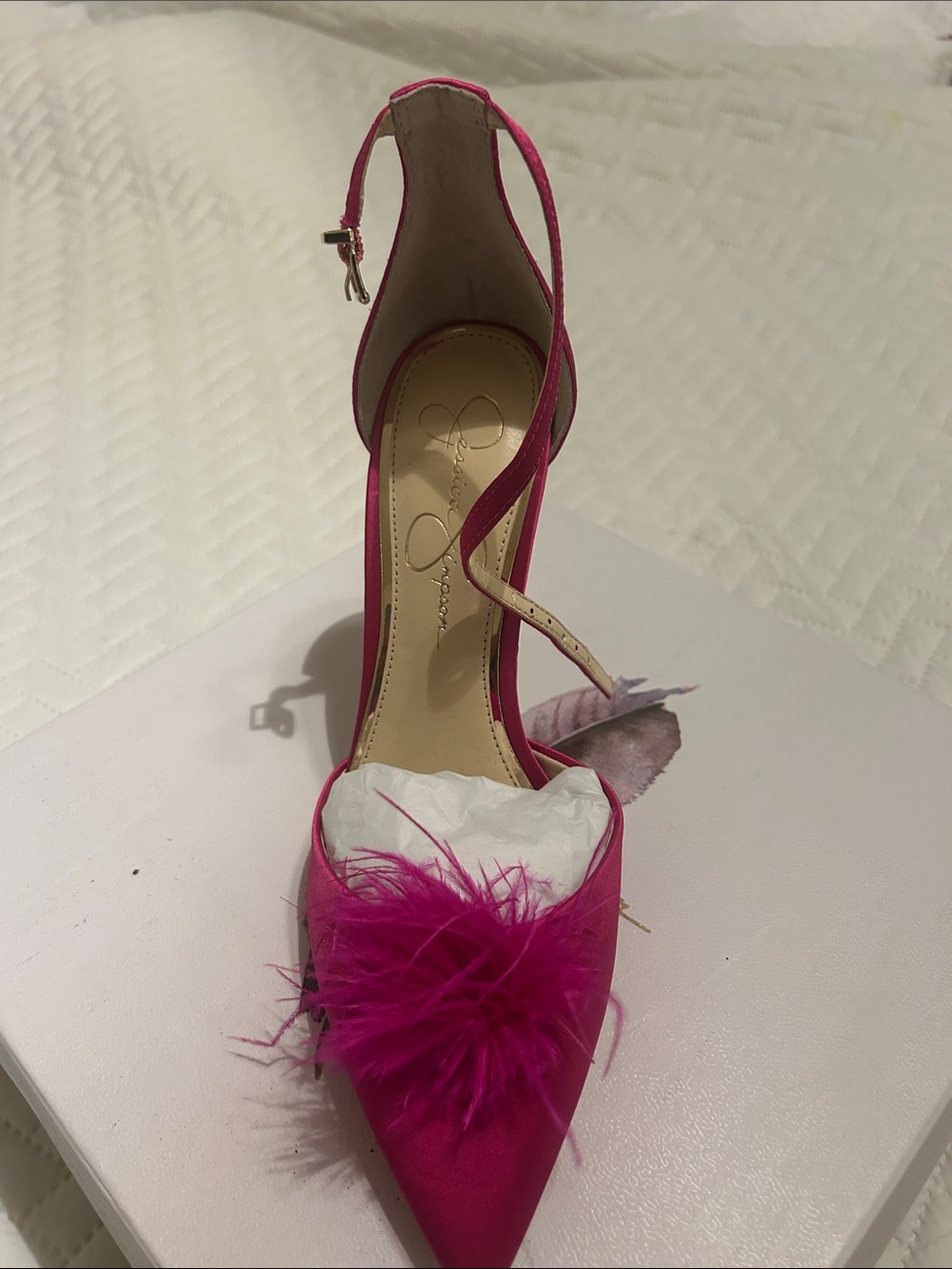 Jessica Simpson Fuchsia Feather Pointed-Toe Ankle Strap Pump